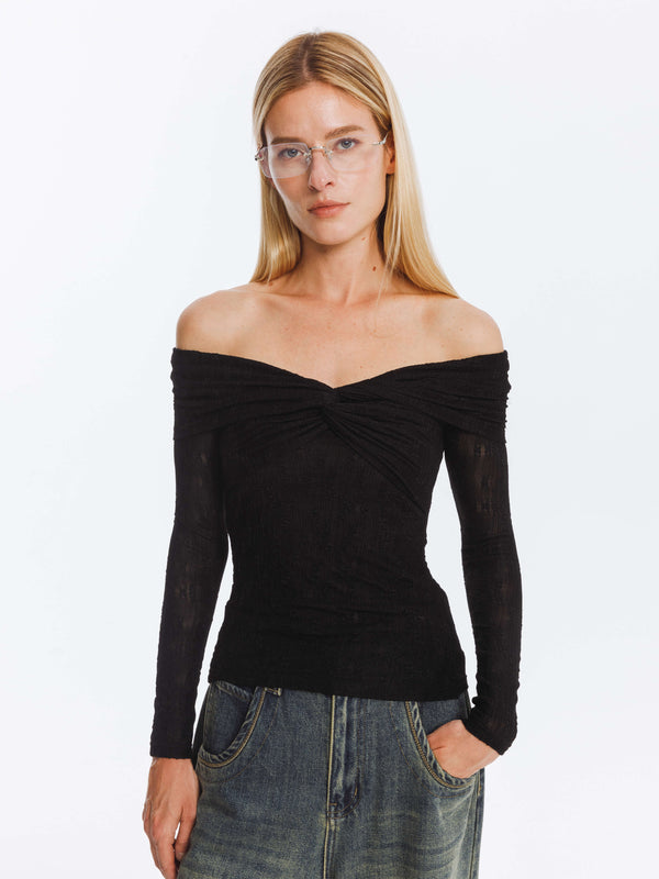 Cubic Pleated Off Shoulder Long Sleeves Top Black