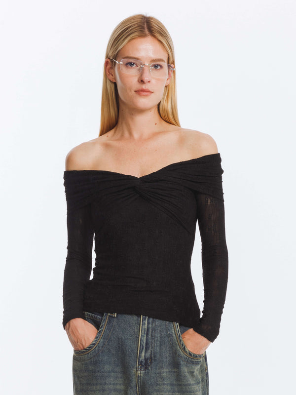 cubic Pleated Off Shoulder Long Sleeves Top Black