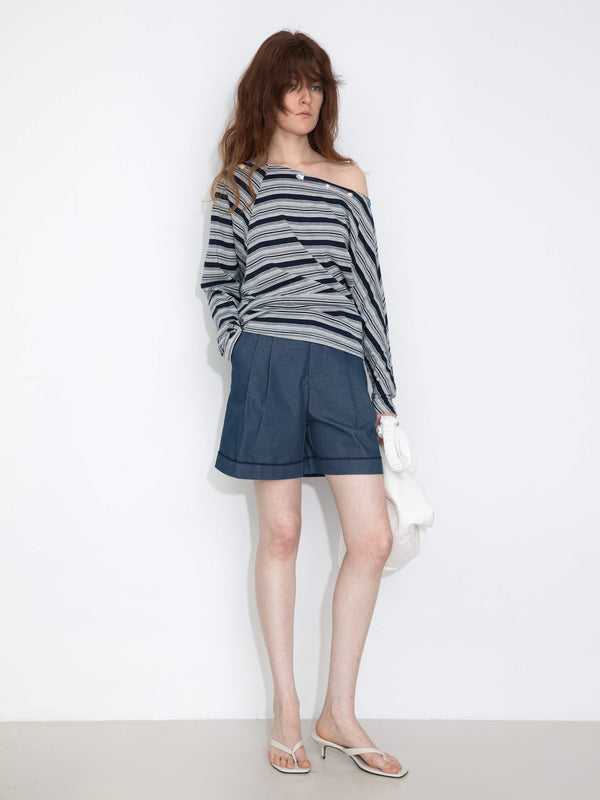 Cubic Pleated Wide-Leg Shorts Navy