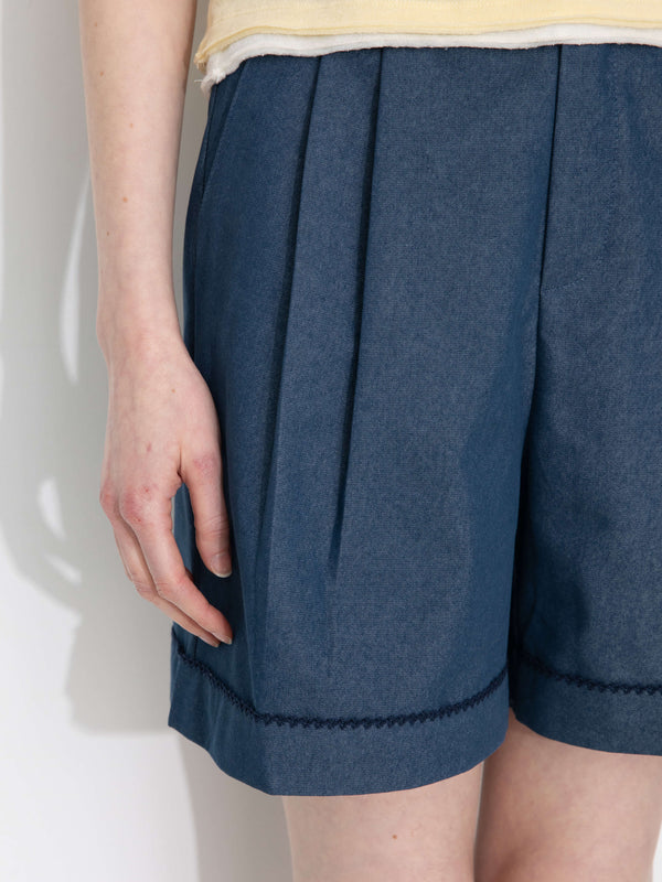 Cubic Pleated Wide-Leg Shorts Navy
