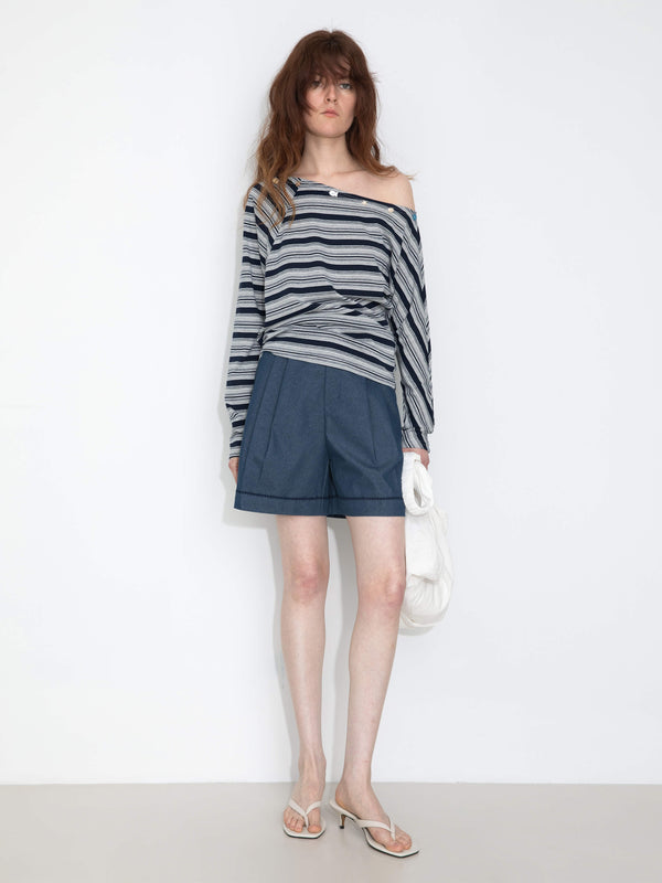 cubic Pleated Wide-Leg Shorts Navy