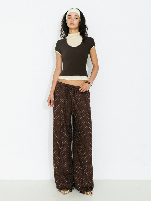 cubic Polka Dot Fringe Wide-Leg Trousers Brown