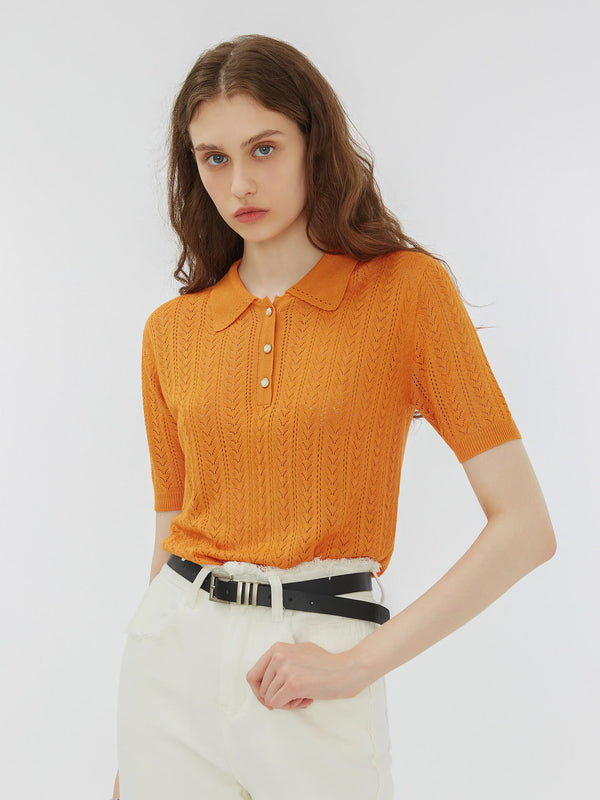 Cubic Polo Collar Short Sleeve Knit Top Orange