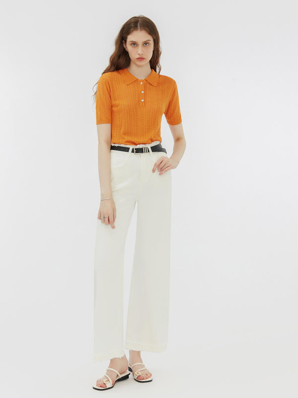 Cubic Polo Collar Short Sleeve Knit Top Orange