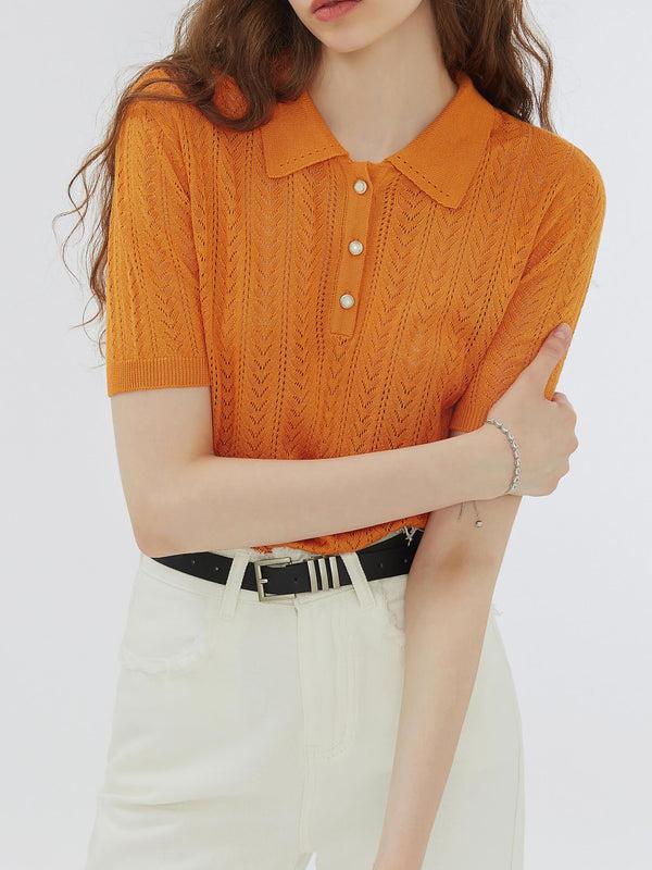 cubic Polo Collar Short Sleeve Knit Top Orange