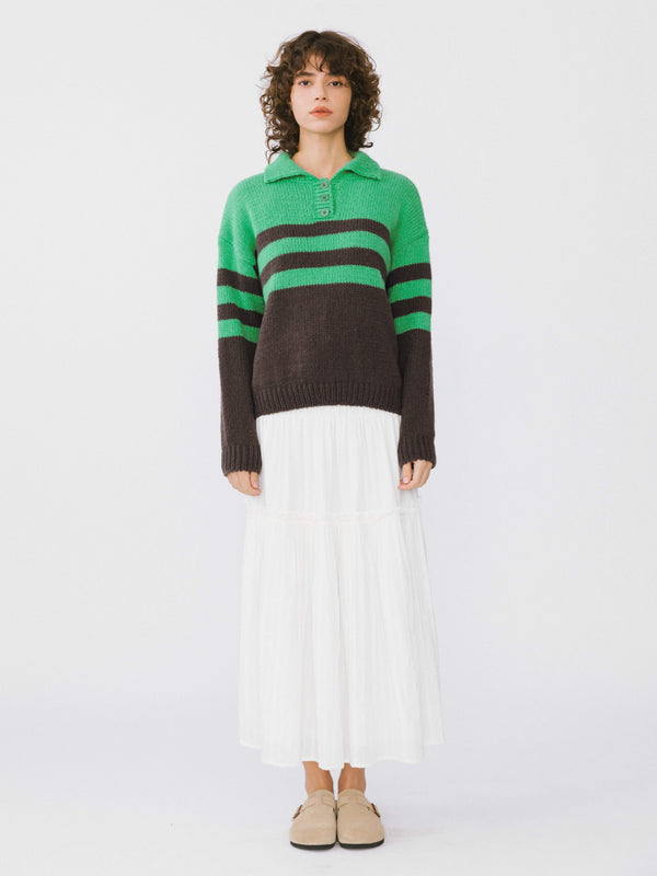 Cubic Polo Collar Striped Knit Sweater Green
