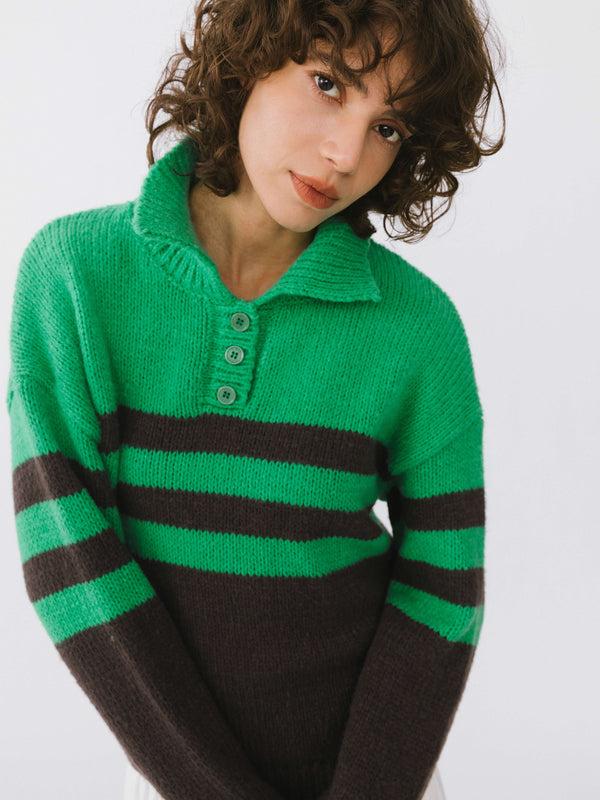 Cubic Polo Collar Striped Knit Sweater Green