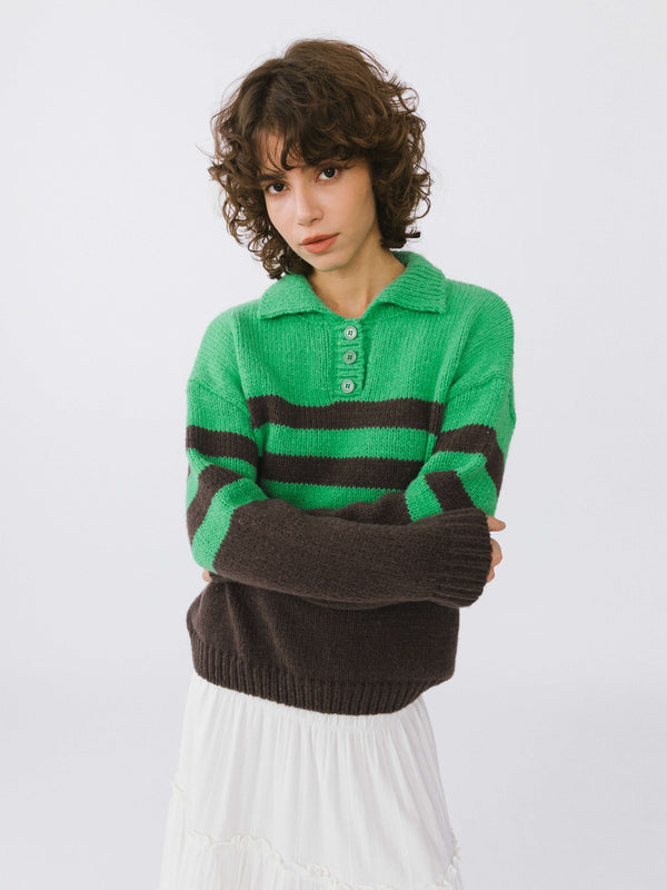 Cubic Polo Collar Striped Knit Sweater Green