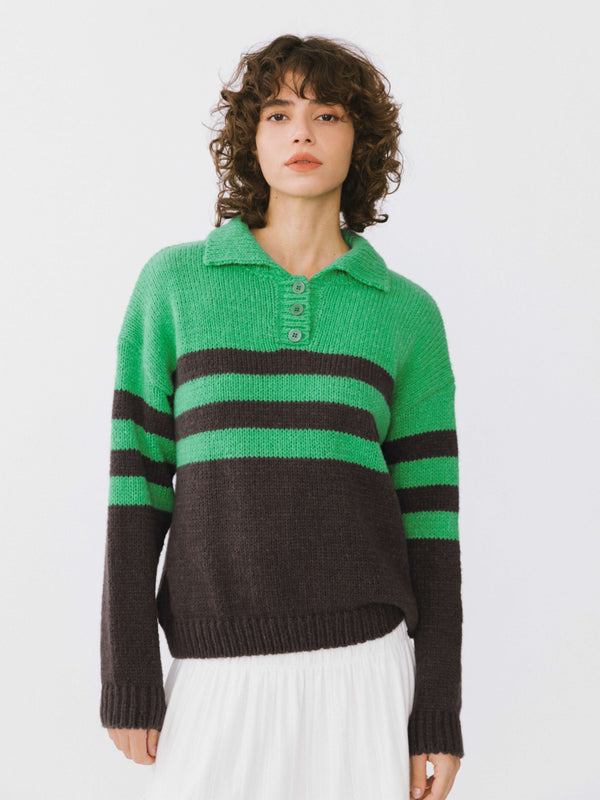 cubic Polo Collar Striped Knit Sweater Green