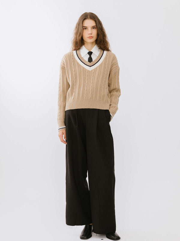 Cubic Preppy V-Neck Cable Knit Sweater Dim Gray