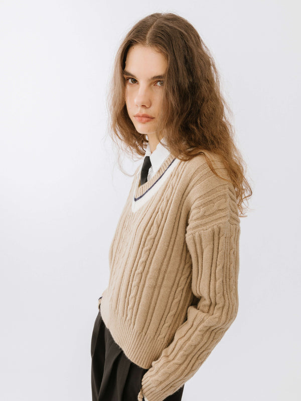 Cubic Preppy V-Neck Cable Knit Sweater Dim Gray