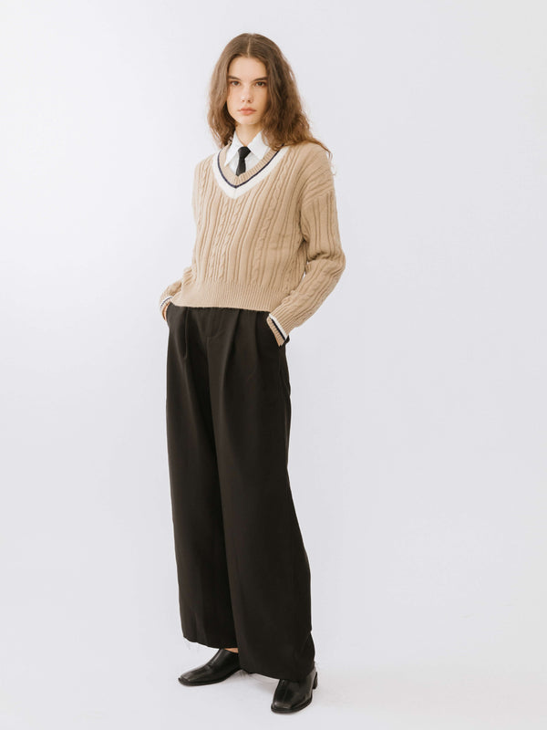 Cubic Preppy V-Neck Cable Knit Sweater Dim Gray