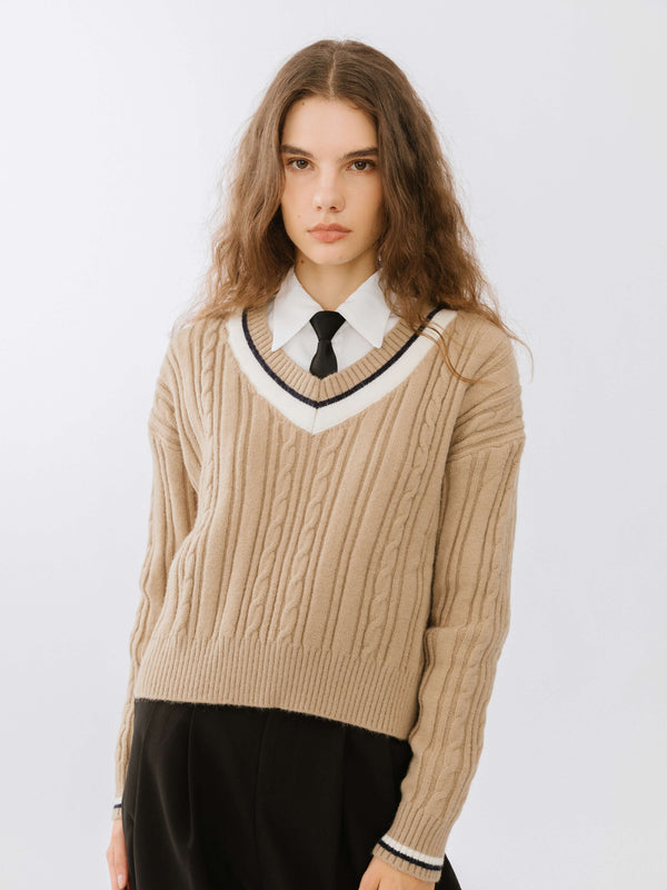 cubic Preppy V-Neck Cable Knit Sweater Dim Gray