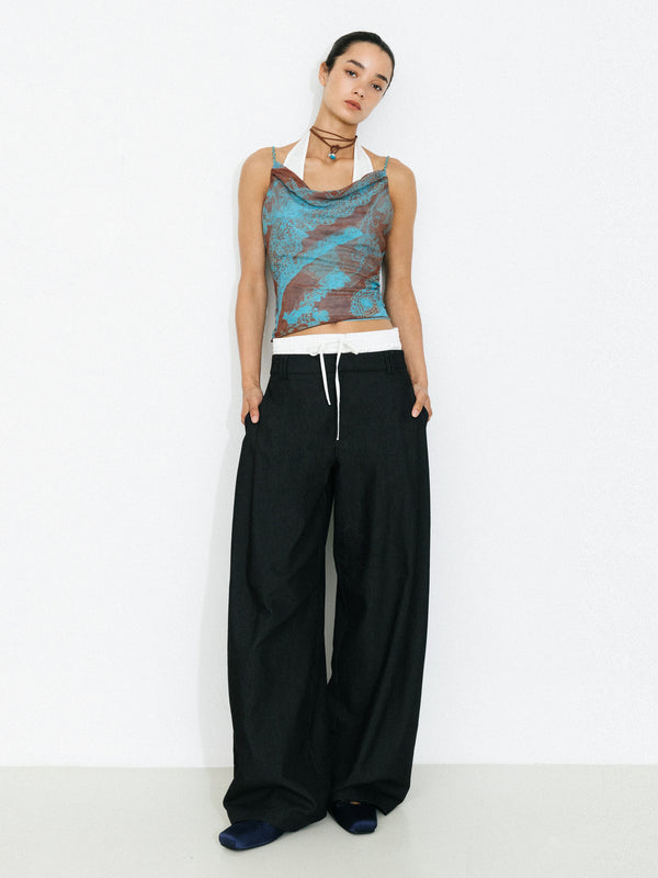 cubic Print Satin Cowl Neck Cami Top Blue