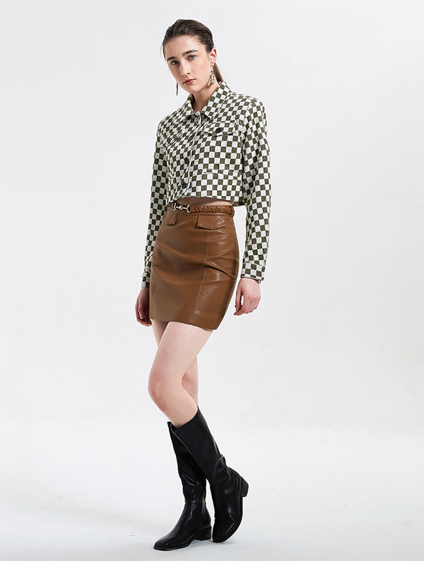 Cubic PU Western Style A-line Mini Skirt Brown