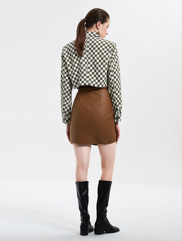 Cubic PU Western Style A-line Mini Skirt Brown