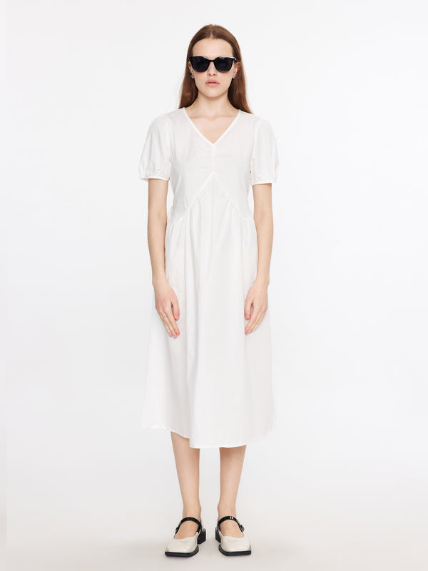 Cubic Puff Sleeve Cotton Midi Dress White