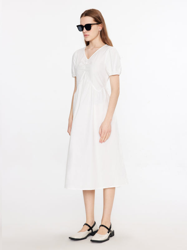 Cubic Puff Sleeve Cotton Midi Dress White