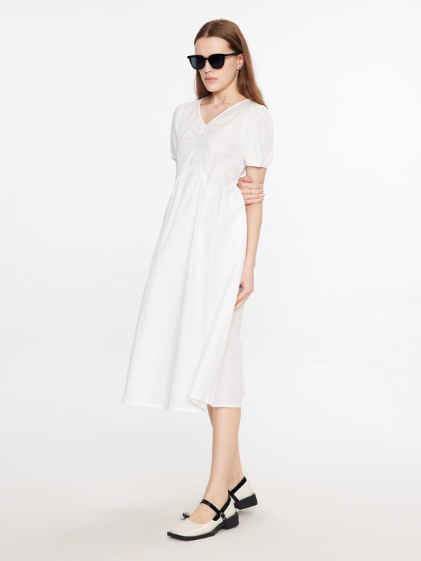 Cubic Puff Sleeve Cotton Midi Dress White