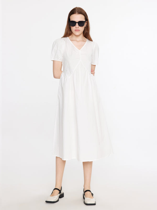 cubic Puff Sleeve Cotton Midi Dress White