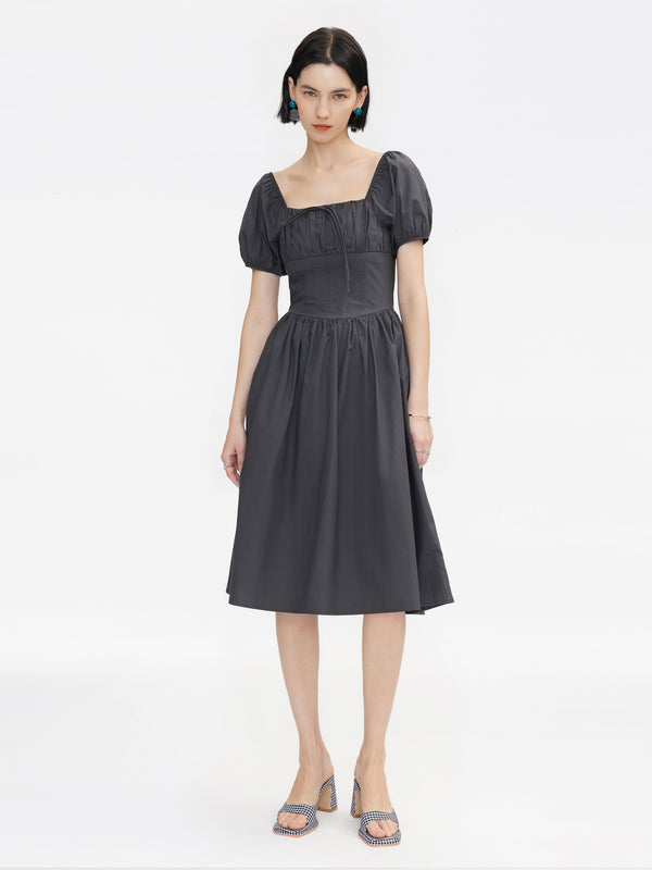 Cubic Puff Sleeve Retro Dress DimGray