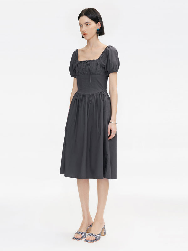 Cubic Puff Sleeve Retro Dress DimGray