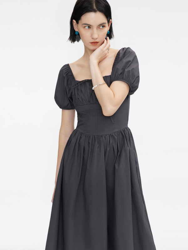 Cubic Puff Sleeve Retro Dress DimGray