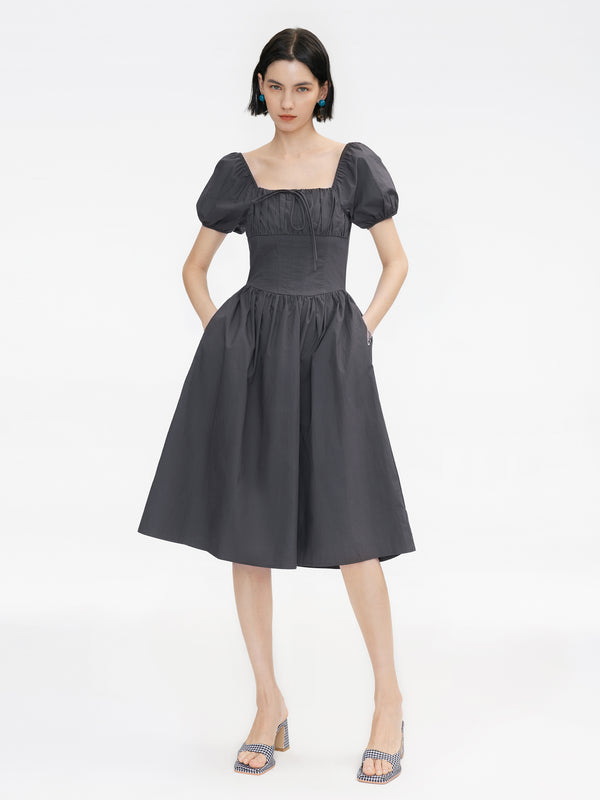 cubic Puff Sleeve Retro Dress DimGray