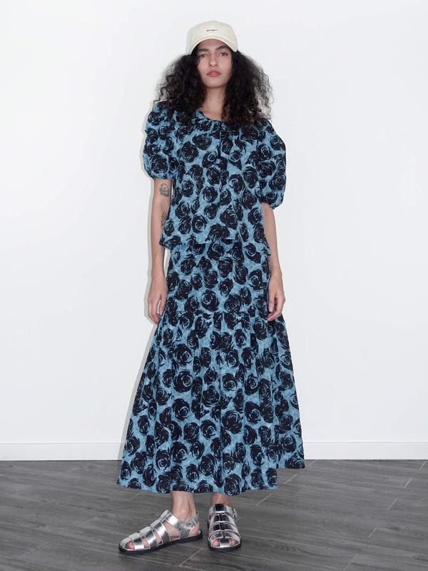 Cubic Puff Sleeve Rose Print Cotton T-shirt Blue