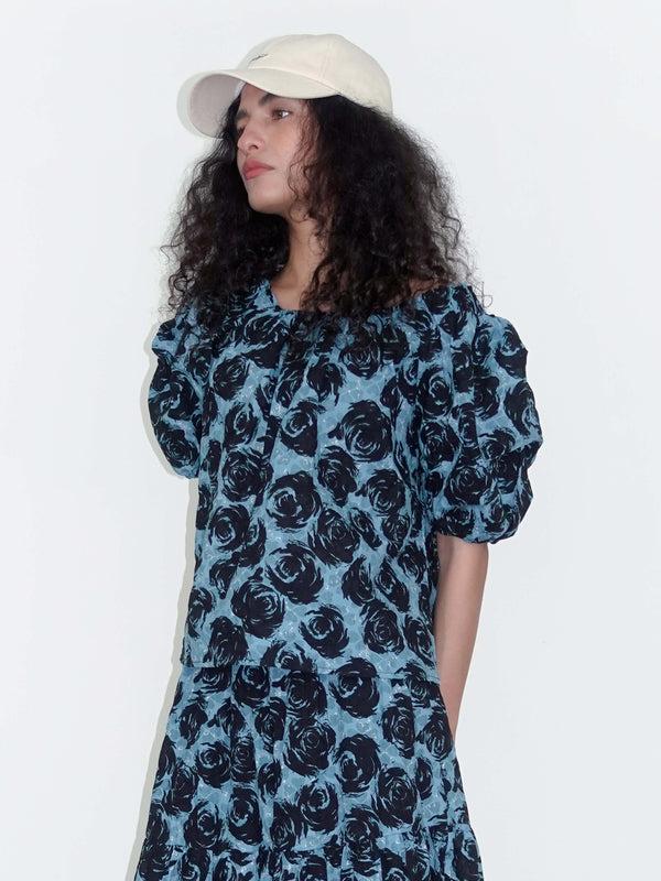 Cubic Puff Sleeve Rose Print Cotton T-shirt Blue