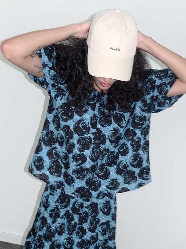 cubic Puff Sleeve Rose Print Cotton T-shirt Blue