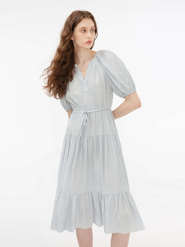 Cubic Puff Sleeve V-Neck Tiered Dress Light Blue