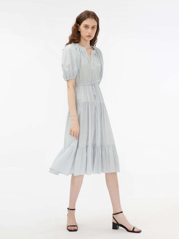 Cubic Puff Sleeve V-Neck Tiered Dress Light Blue