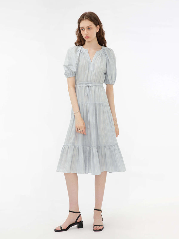 Cubic Puff Sleeve V-Neck Tiered Dress Light Blue
