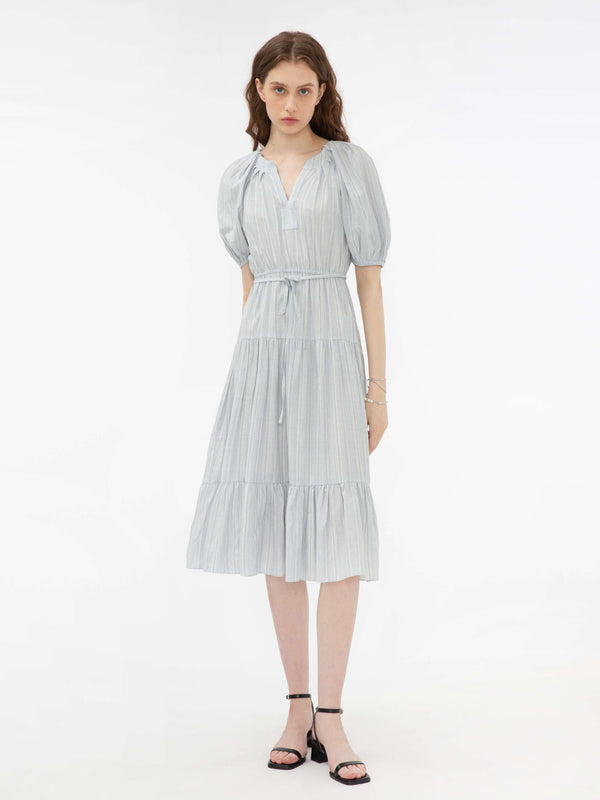 cubic Puff Sleeve V-Neck Tiered Dress Light Blue