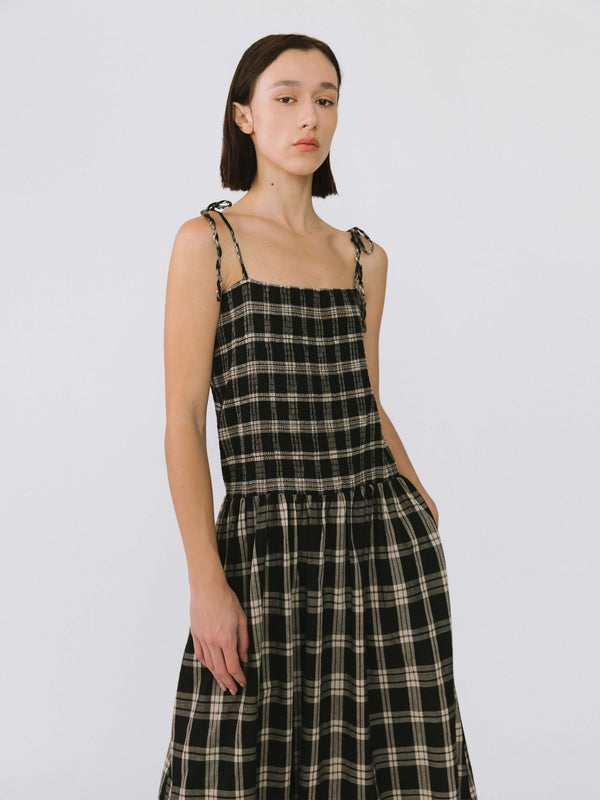 Cubic Pure Cotton Plaid Sling Dress Black