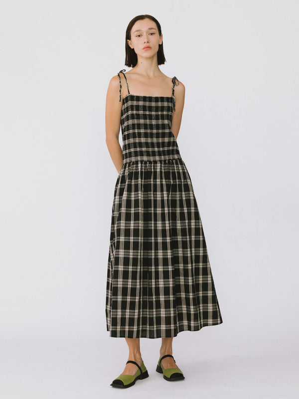Cubic Pure Cotton Plaid Sling Dress Black