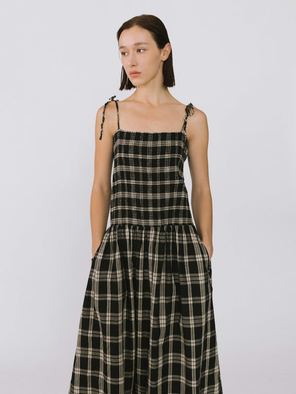 Cubic Pure Cotton Plaid Sling Dress Black