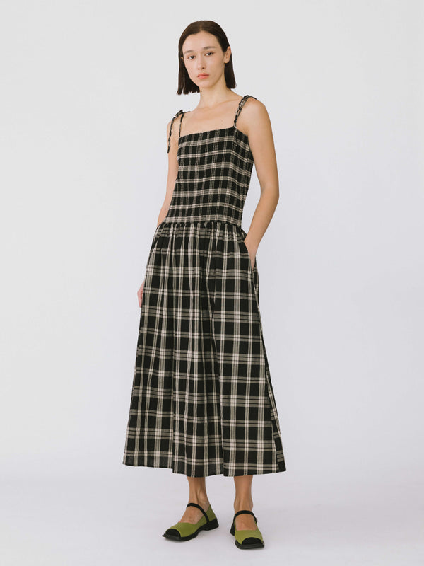 cubic Pure Cotton Plaid Sling Dress Black