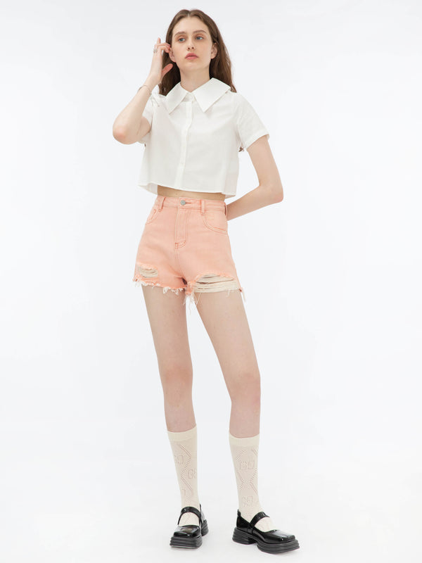 cubic Raw Edge Distressed Mini Shorts Pink