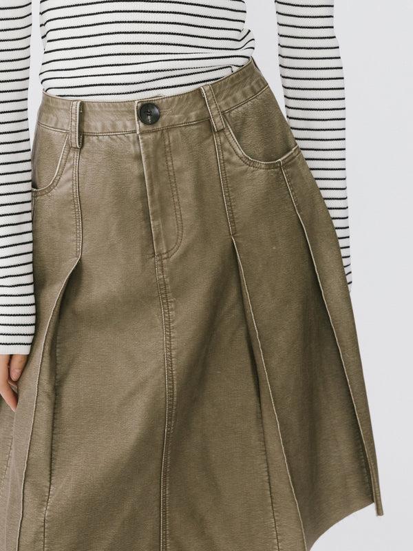 Cubic Raw Edge Pleated A-line Skirt Saddle Brown
