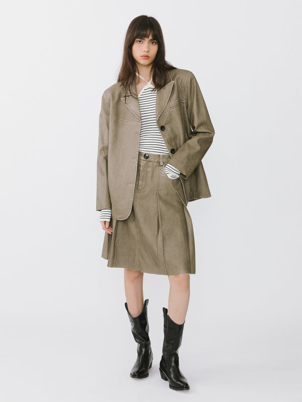 Cubic Raw Edge Pleated A-line Skirt Saddle Brown