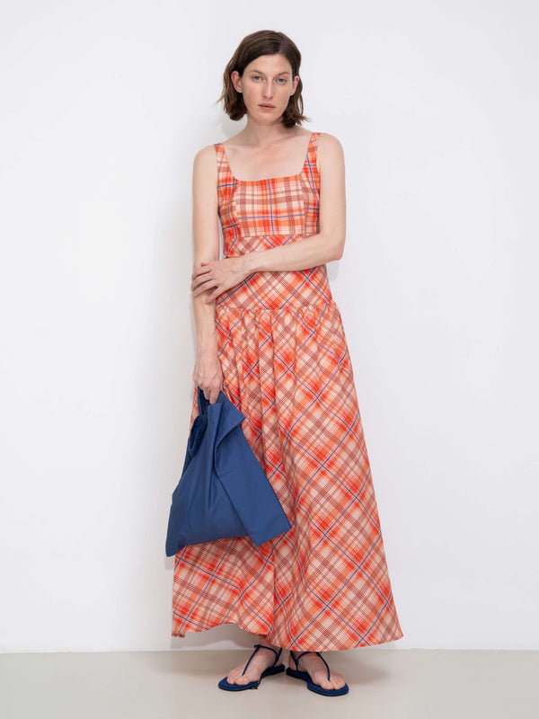 Cubic Red Check Print Square Neck Dress Red