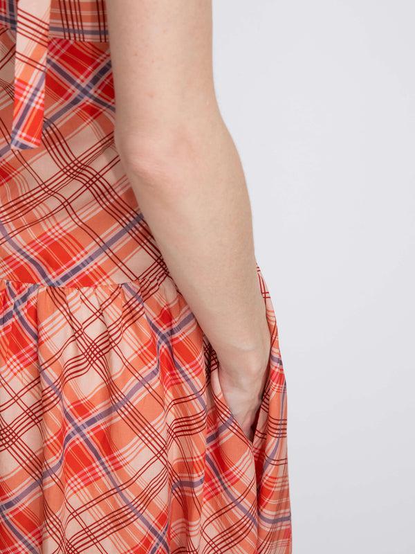 Cubic Red Check Print Square Neck Dress Red