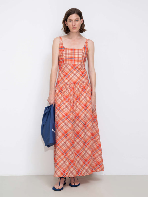 Cubic Red Check Print Square Neck Dress Red