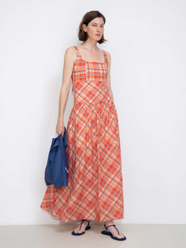 cubic Red Check Print Square Neck Dress Red