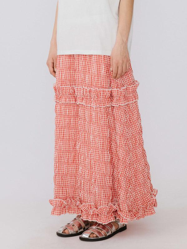 Cubic Red Tartan Frilled Midi Skirt Red