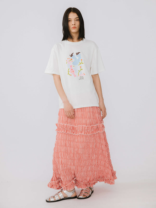 Cubic Red Tartan Frilled Midi Skirt Red