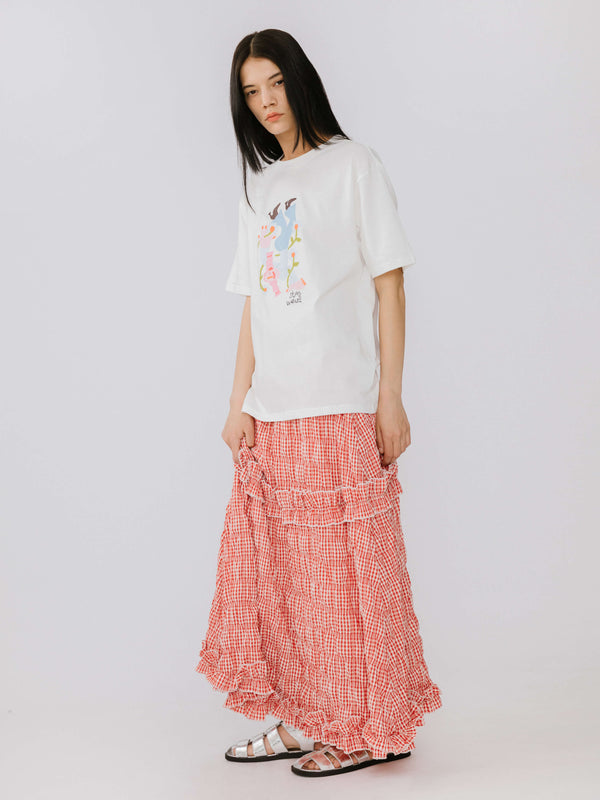 Cubic Red Tartan Frilled Midi Skirt Red