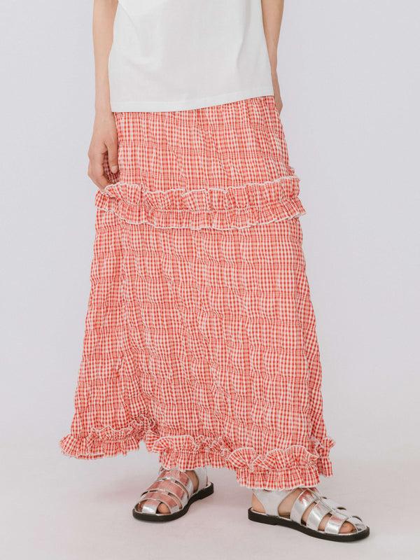 cubic Red Tartan Frilled Midi Skirt Red